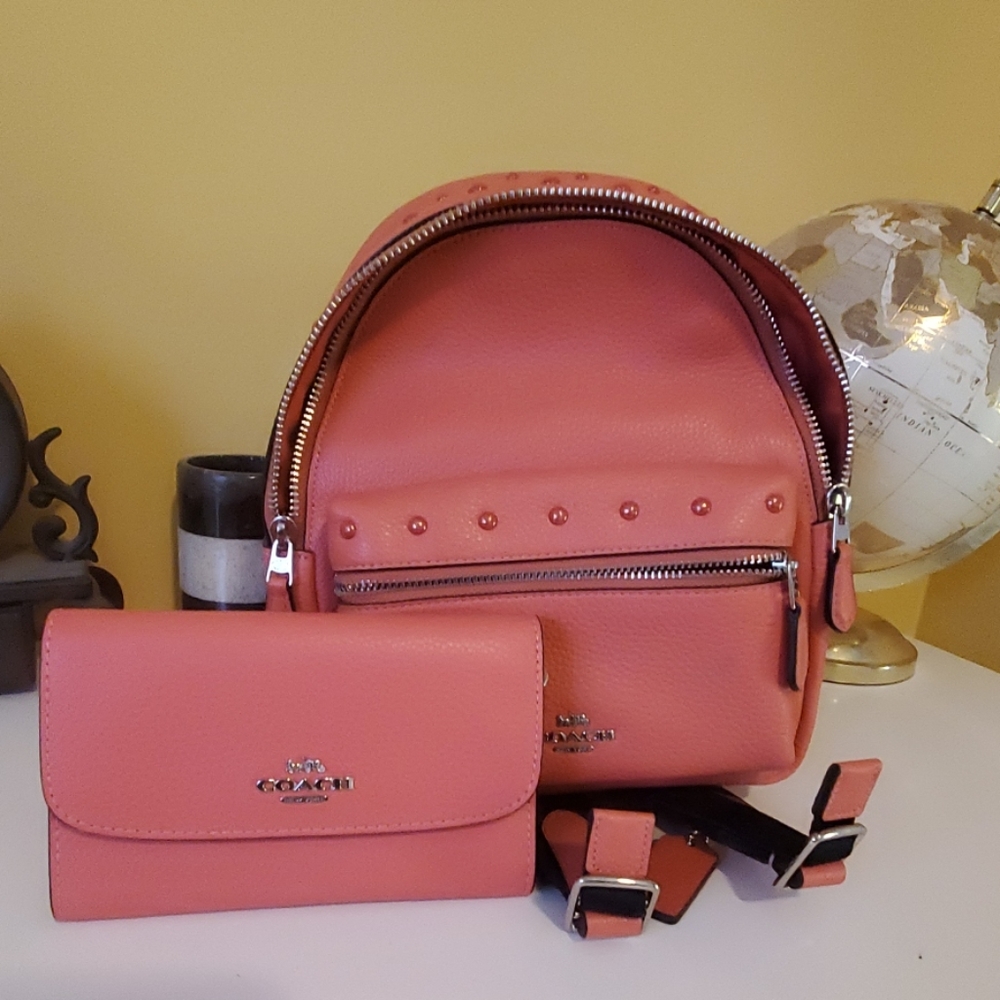 Mini coach coral backpack with matching wallet